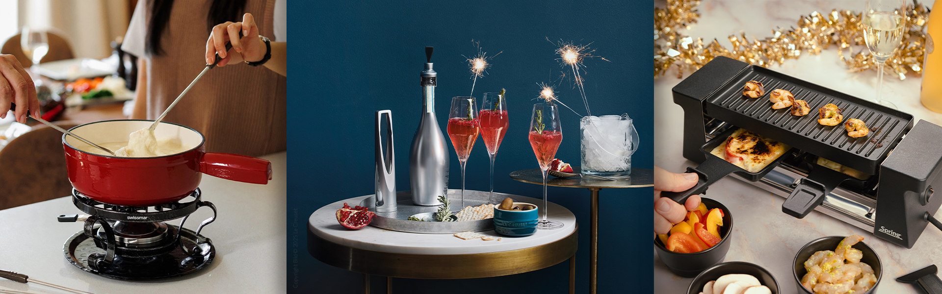 Festive scene with fondue, raclette grill and barware